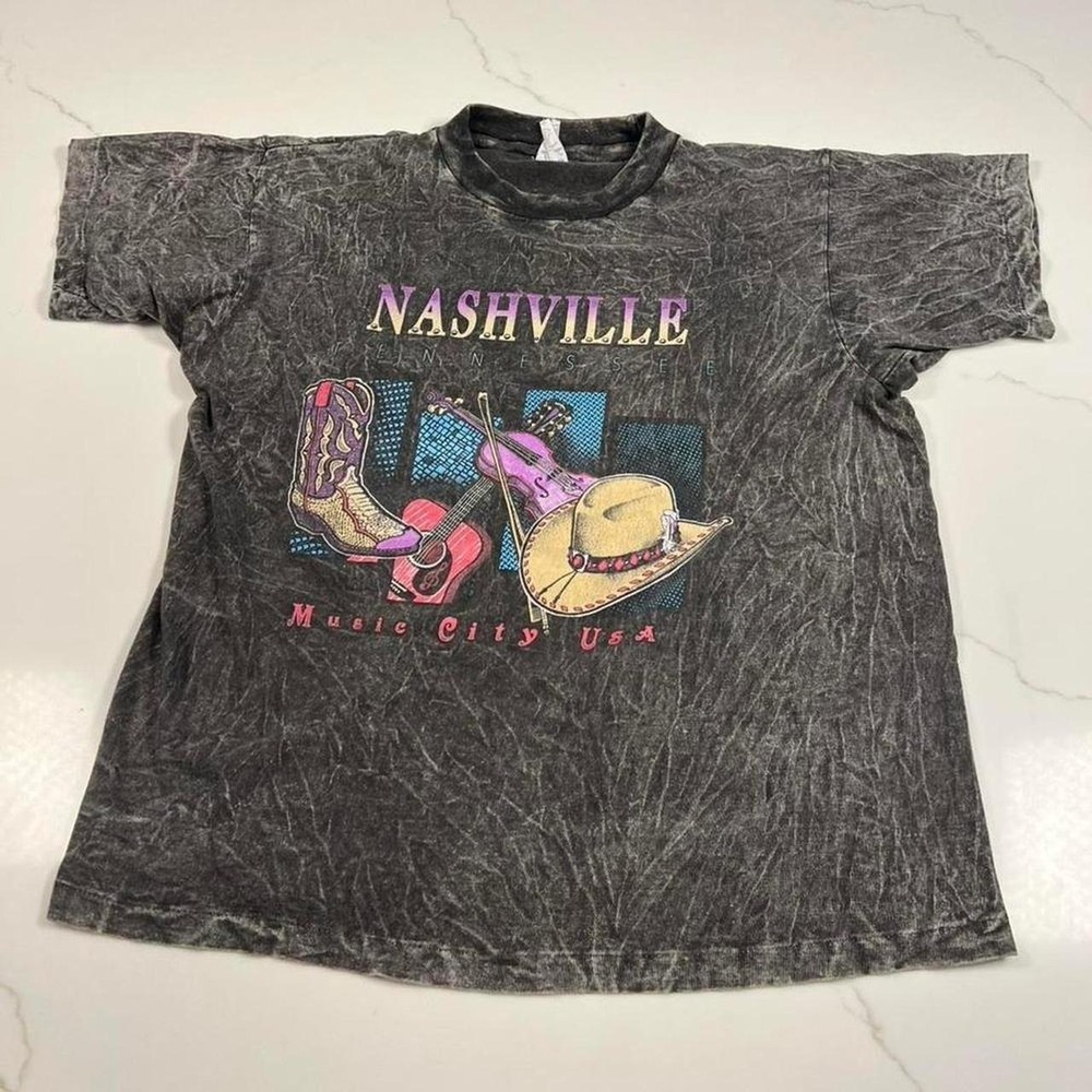 Sun Nashville Music City USA T-Shirt Mens Large Acid Wash Vintage 90s Graphic